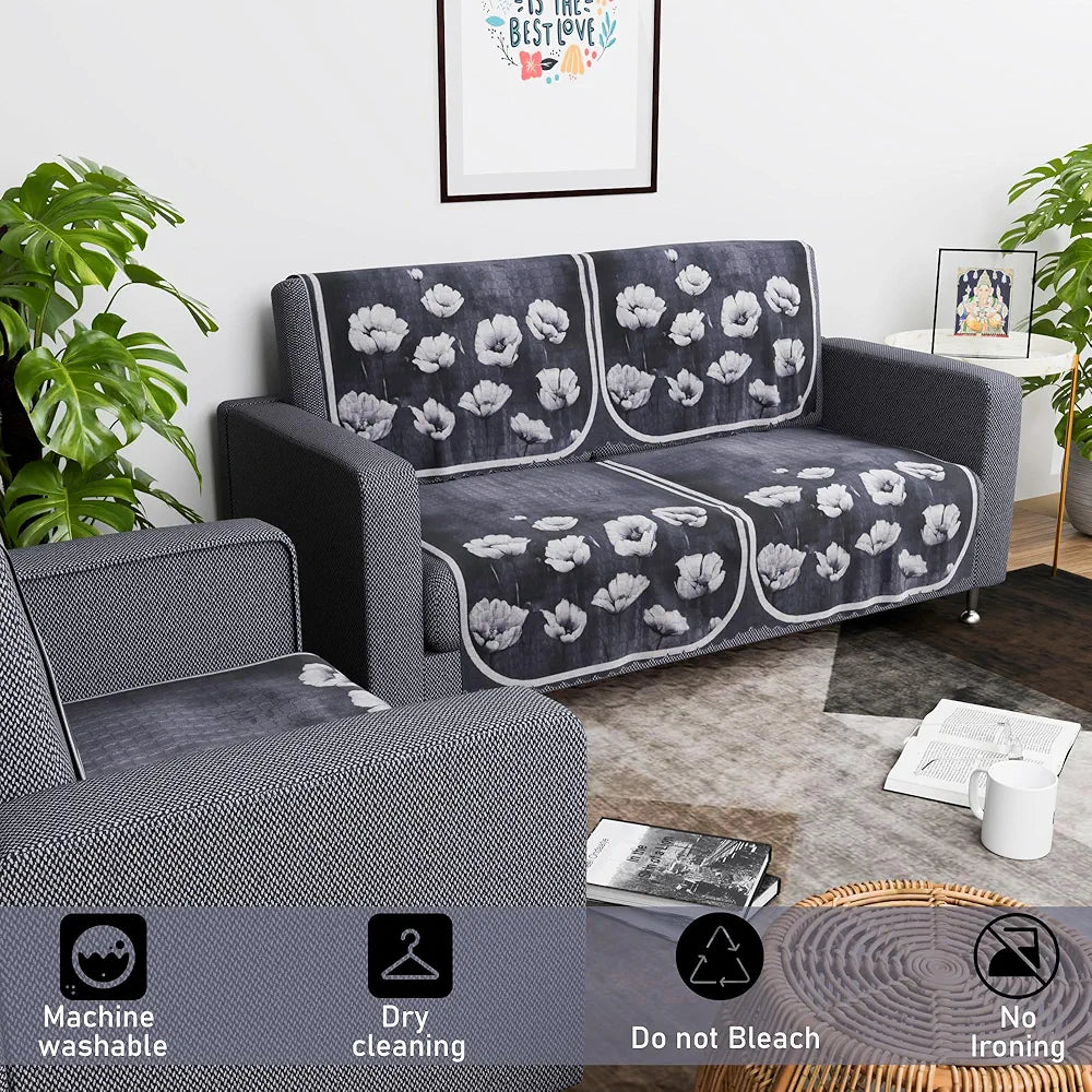 Kuber Industries Set of 6 Durable 2+1 Seater Sofa Covers Lotus Print Grey