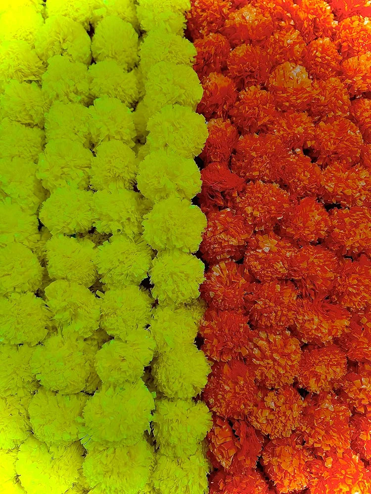 Indian Made in Bharat Artificial Marigold Flowers for Decoration Garland 400gsm Each 5 Feet Long 10 Pcs with 2 Diya 5 yellow+5 Orange Merigold