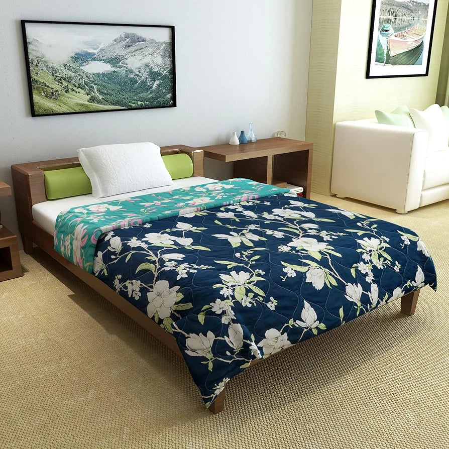 Divine Casa Microfibre 120 GSM Reversible Flower Print Single Bed Size Comforter Blanket TC - 120 Colour Sea Green and Blue