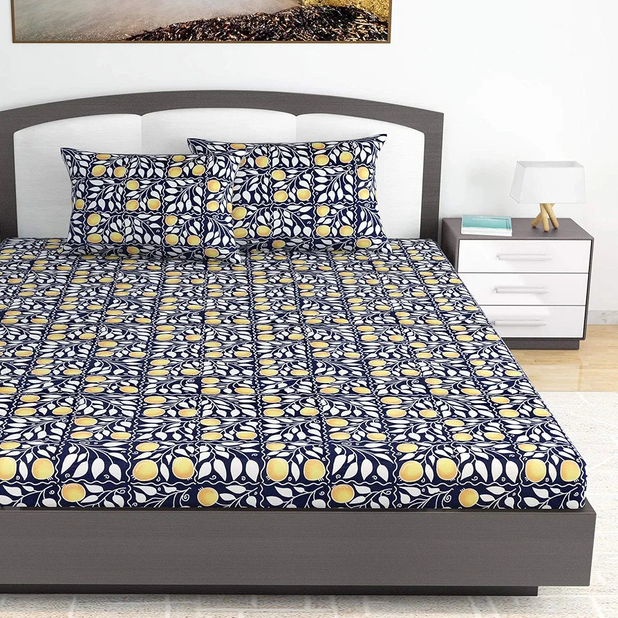 Divine Casa 100% Cotton 144 TC King Size Bedsheet with 2 Pillow Covers Colour Navy & Orange