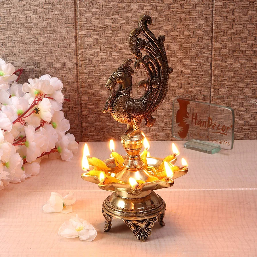 Two Moustaches Peacock Design 9 Oil Wick Brass Diya