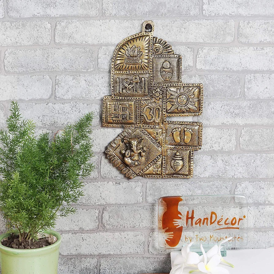 Two Moustaches Brass Ethnic Decor Om Kalash Swastika Ganesha Wall Hanging