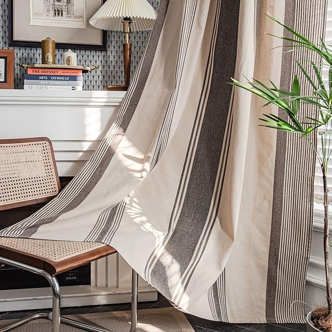 Huesland Cotton Curtains for Windows, 5 Feet Long 1 Bohemian Eyelet Curtain | Beige & Grey Stripes