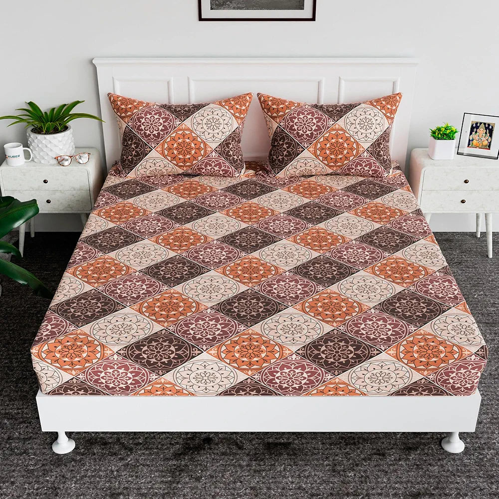 Kuber Industries Cotton Fitted Bedsheets For Double Bed With 2 Pillow Covers Brown