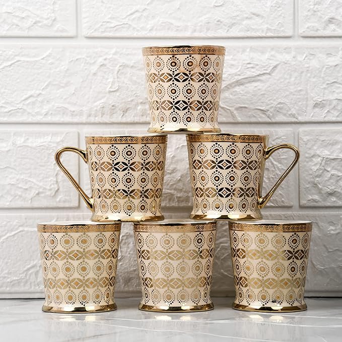 Femora Traditional Circles With Leaves Pattern Golden Tea Mugs | Coffee Mugs | 180 Ml | Golden | 6 Pcs Set | Not Microwave Safe