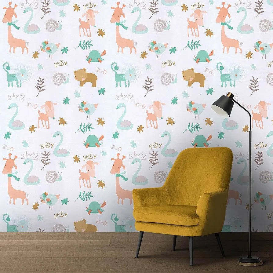 Jaamso Royals White Kids Animal Decoarative Self Adhesive Wallpaper for Walls White