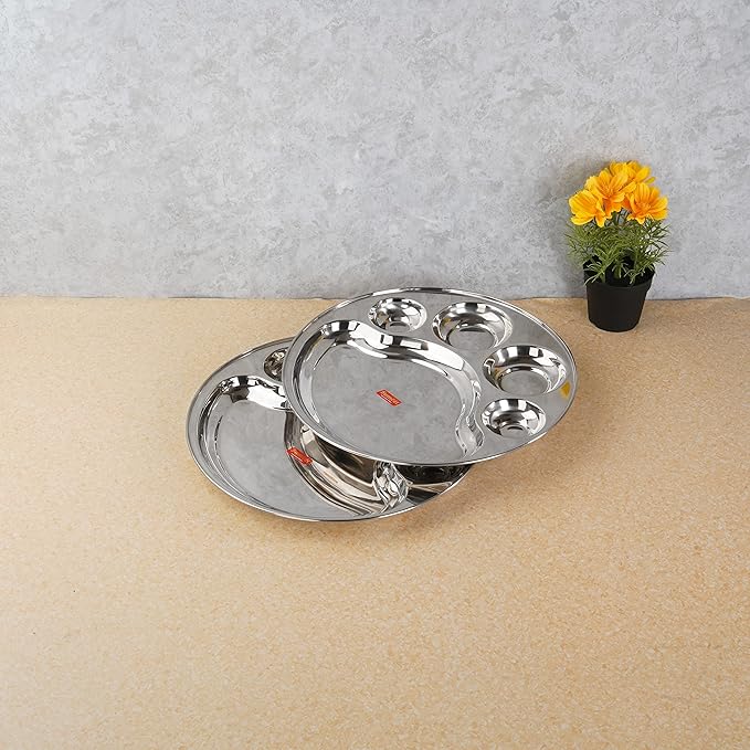 Sumeet Stainless Steel Round 5 in 1 Compartment Lunch Small Plates Set of 2Pcs 31cm Silver