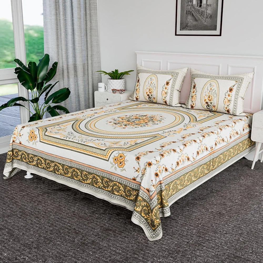Kuber Industries Cotton Bedsheets for Double Bed with 2 Pillow Covers Kaleen Flower Yellow