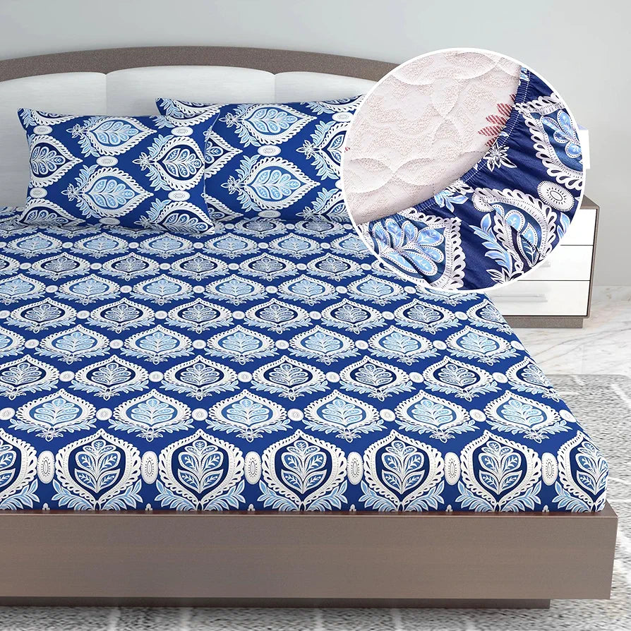 Divine Casa 144 TC Floral Blue 100% Elastic Fitted Printed King Size Double Bed Bedsheet with 2 Pillow Cover for Bedroom Colour Baja Blue