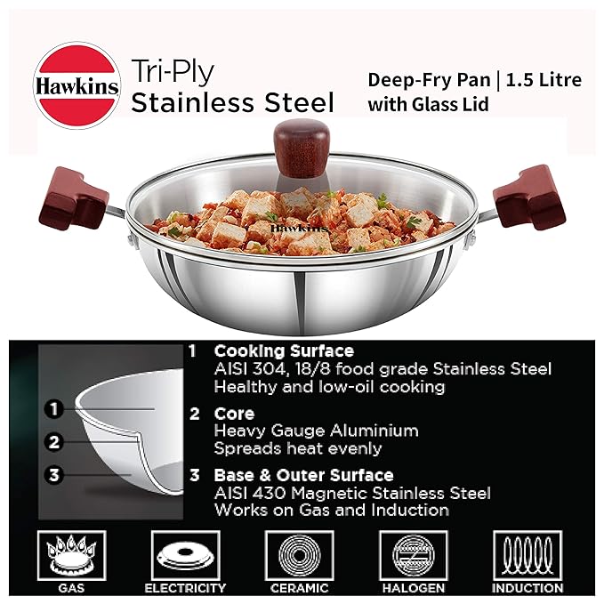 Hawkins 1.5 Litre Deep Fry Pan Triply Stainless Steel Kadai with Glass Lid