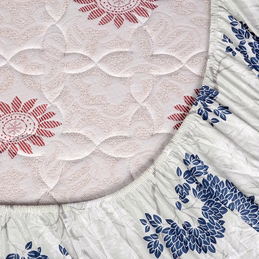 Divine Casa 144 TC 100% Cotton Floral Pattern Elastic Fitted Queen Size Bedsheet with 2 Pillow Covers Cream & Brown Print Ideal Colour Harbor Mist