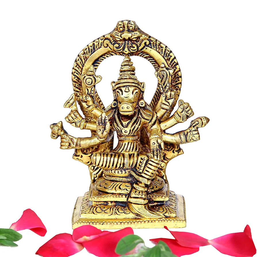 Anciently Brass Varahi Amman Statue with Thiruvachi, Medium, Gold Colour - 