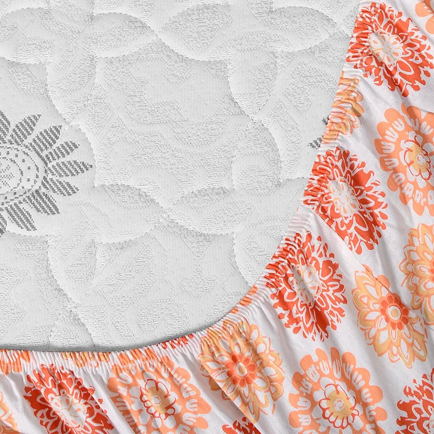 Divine Casa 144 TC 100% Cotton Floral Peach Ultrasoft King Size Bedsheet Cotton Elastic Fitted Pureed Pumpkin