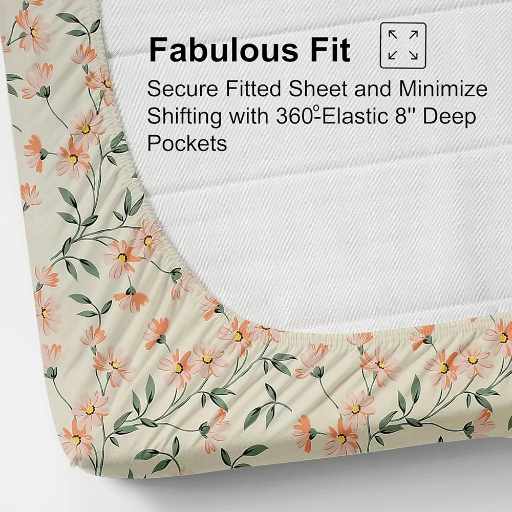 Fresh From Loom King Size Microfiber Floral Print Fitted Bedsheet 240 TC Hypoallergenic Includes 2 Pillow Covers Barely-Peach Barely-Peach