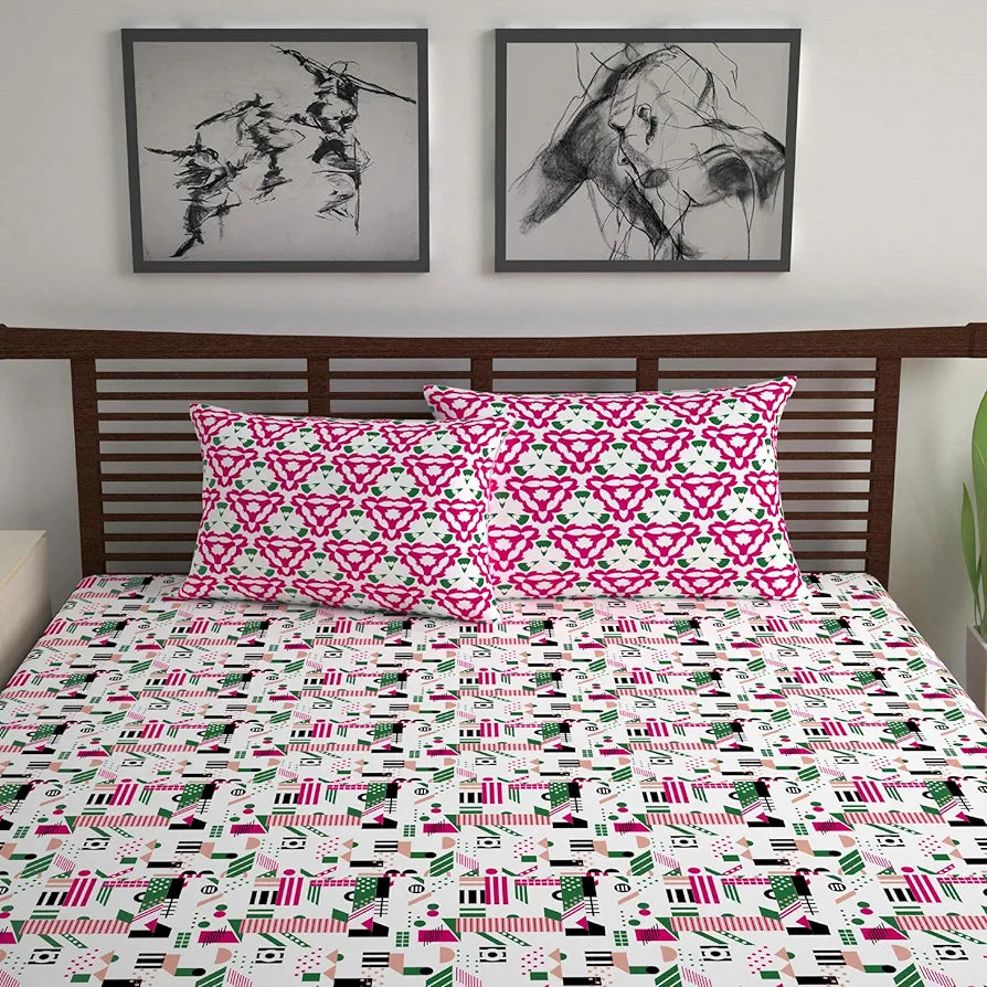 Divine Casa 144 TC Super Soft Cotton Bedsheet for Double Bed  144 Thread Count Abstract Colour Pink & White
