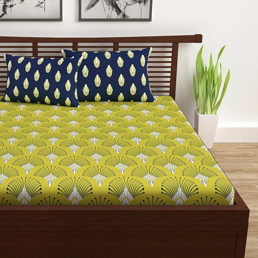 Divine Casa 144 TC 100% Cotton Bedsheet for Double Bed with 2 Pillow Cover Colour Olive Navy