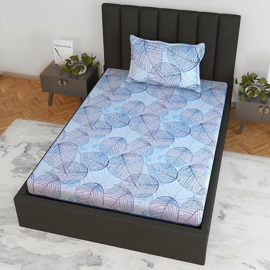 Divine Casa 144 TC Cotton Fitted Bedsheet for Single Bed 100% Cotton Floral Blue with 1 Pillow Cover Colour Iris Blue