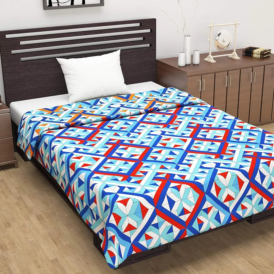 Divine Casa 120 GSM Microfiber Single Dohar Soft & Lightweight Throw Blanket Tessellate Pattern Colour Blue-Red & Orange
