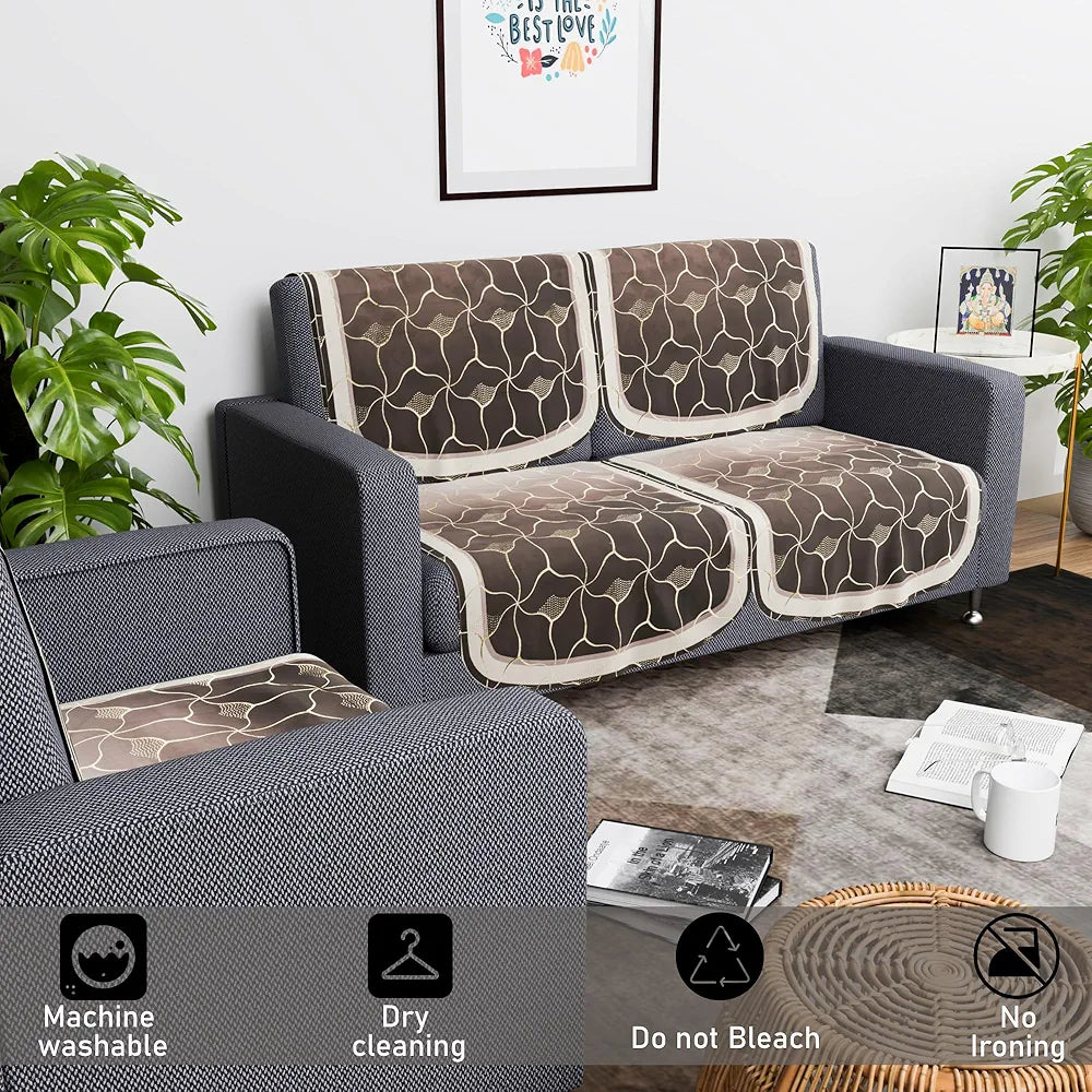Kuber Industries Set of 6 Durable 2+1 Seater Sofa Cover for Living Room Arabica Look Brown & Golden Foil