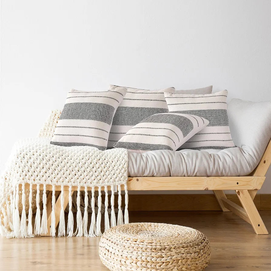 Sashaa World Exquisite Black & Natural Striped Elegance Decorative Woven Cushion Cover