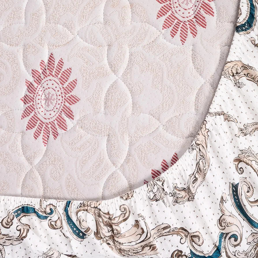 Divine Casa White and Grey Floral Pattern 144 TC 100% Cotton Elastic Fitted Printed Queen Size Double Bed Bedsheet with 2 Pillow Cover Colour Tiger's Eye