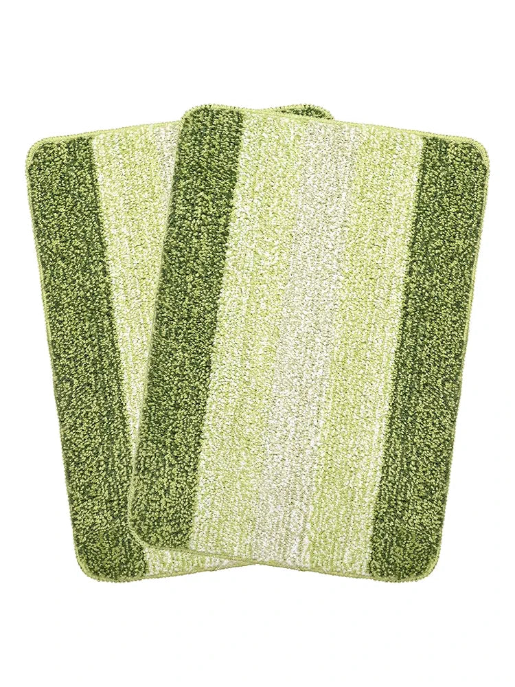 Saral Home Microfiber Striped Rectangle Shaped Anti-Skid Bath Mats Colour Green (Pack of 2)