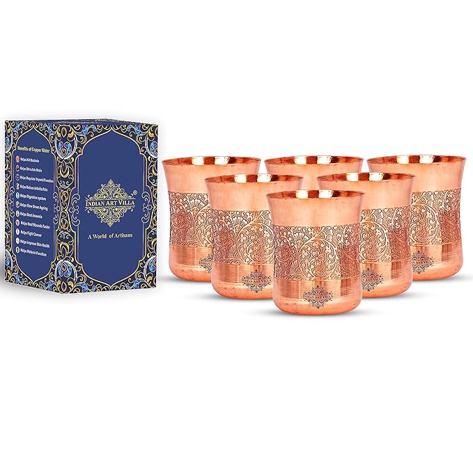 Indian Art Villa Curved Copper Glass Tumbler Cup With Embossed Design