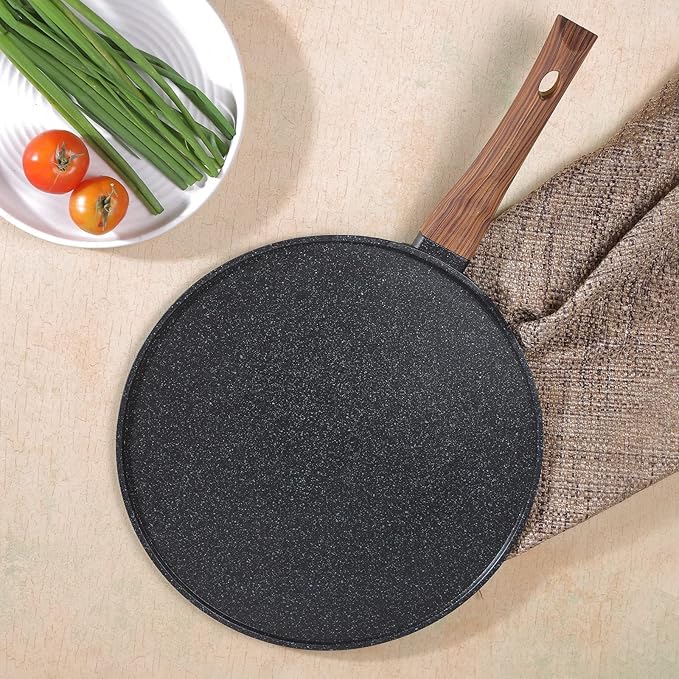Vinod Zest Plus Aluminium Die Cast Non Stick Roti / Chapati Tawa - 31 cm | 5mm Thick | 5 Layer Coating | Scratch Proof | Wooden Finish Handle