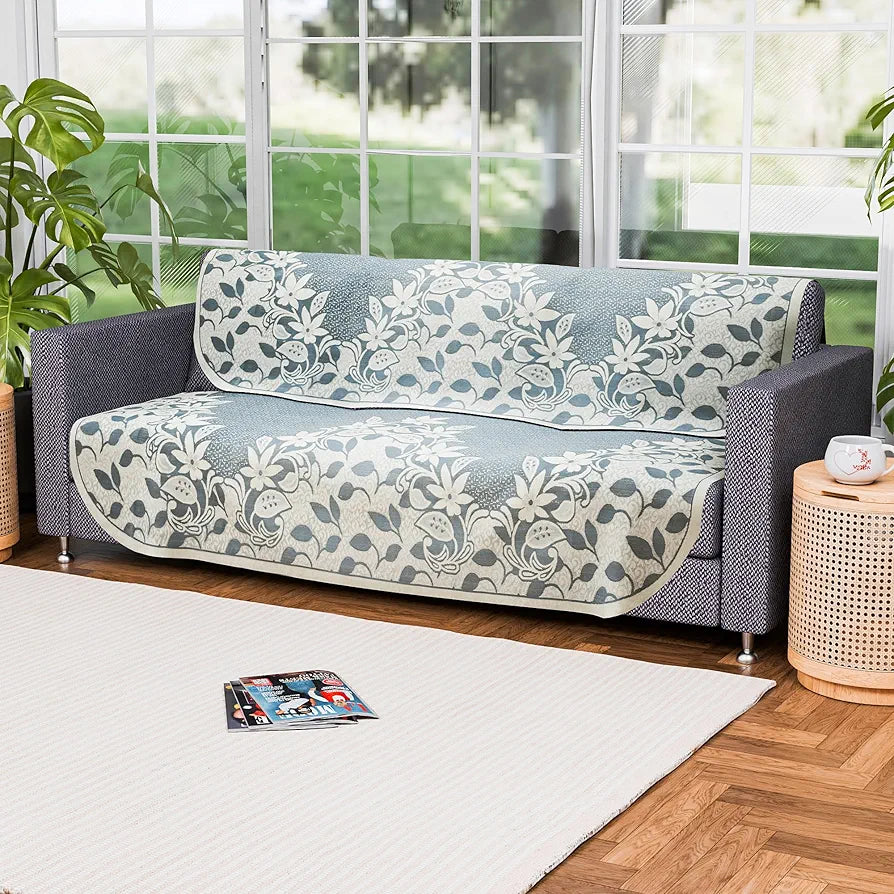 Kuber Industries 3 Seater Long Sheet Cotton Sofa Covers for Living Room Floral Design Blue