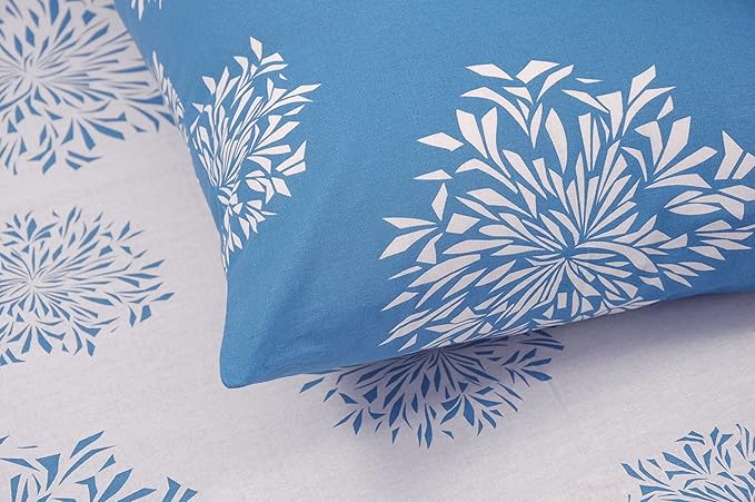 Huesland by Ahmedabad Cotton 144 TC Cotton Bedsheet for Double Bed King Size with 2 Pillow Covers | White & Blue