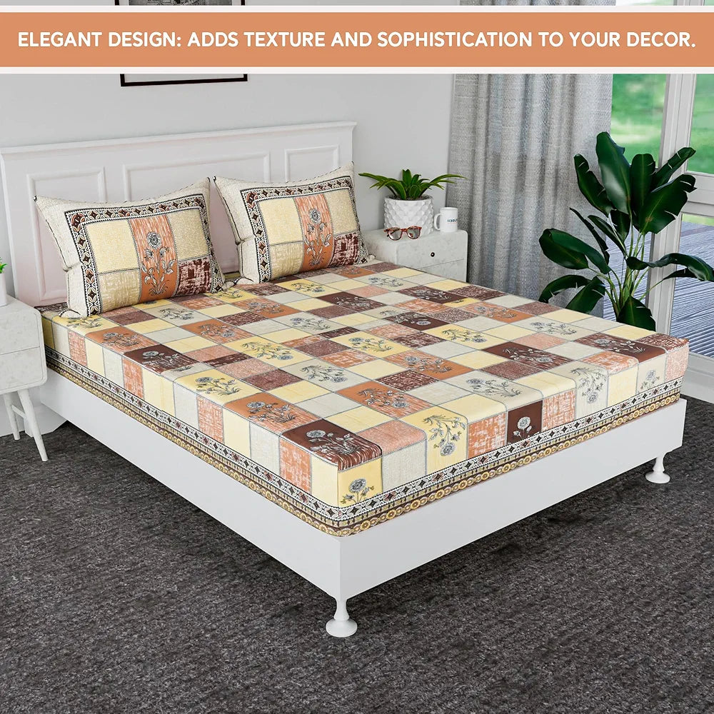 Kuber Industries Cotton Bedsheets for Double Bed with 2 Pillow Covers Candy Flower Brown & Yellow