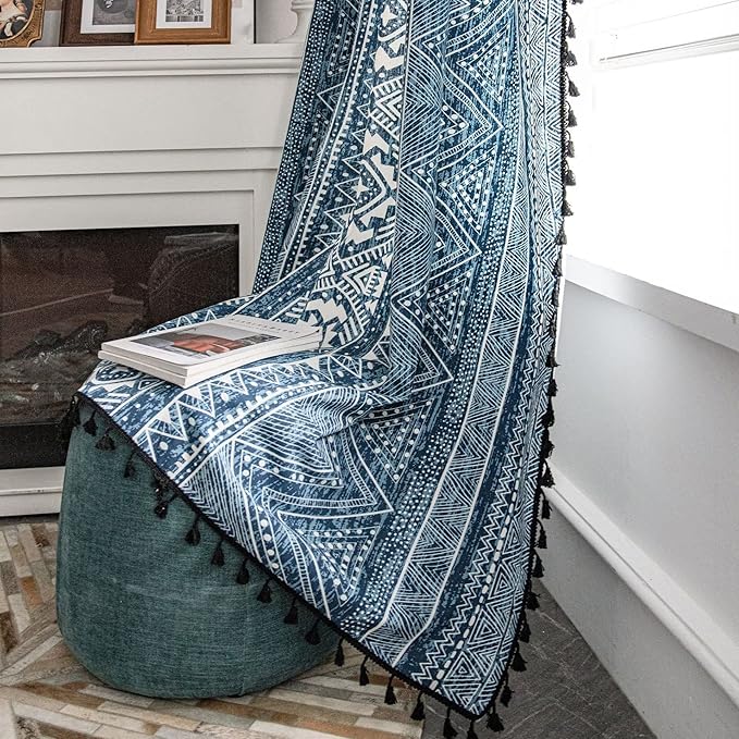 Huesland Cotton Curtains for Door, 7 Feet Long 1 Bohemian Eyelet Curtain | Tribal Style Blue
