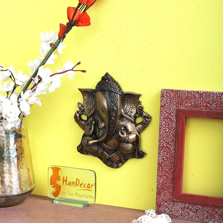 Two Moustaches Brass Ganesha Wall Hanging Brown Showpiece