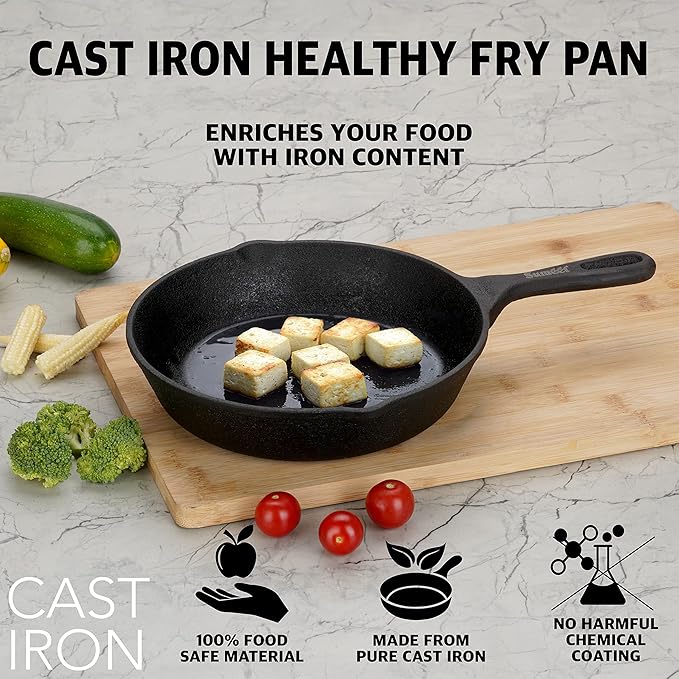 Sumeet Pre Seasoned Heavy Weight Cast Iron Frying Pan 21cm Weight 1.480Kg Black