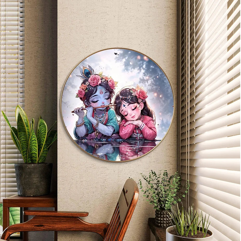 Livin'luxe Paintings Krishna and Radha Childhood Bliss Wall Painting with Frame - Sparkle Glossy Round Golden Framed Large