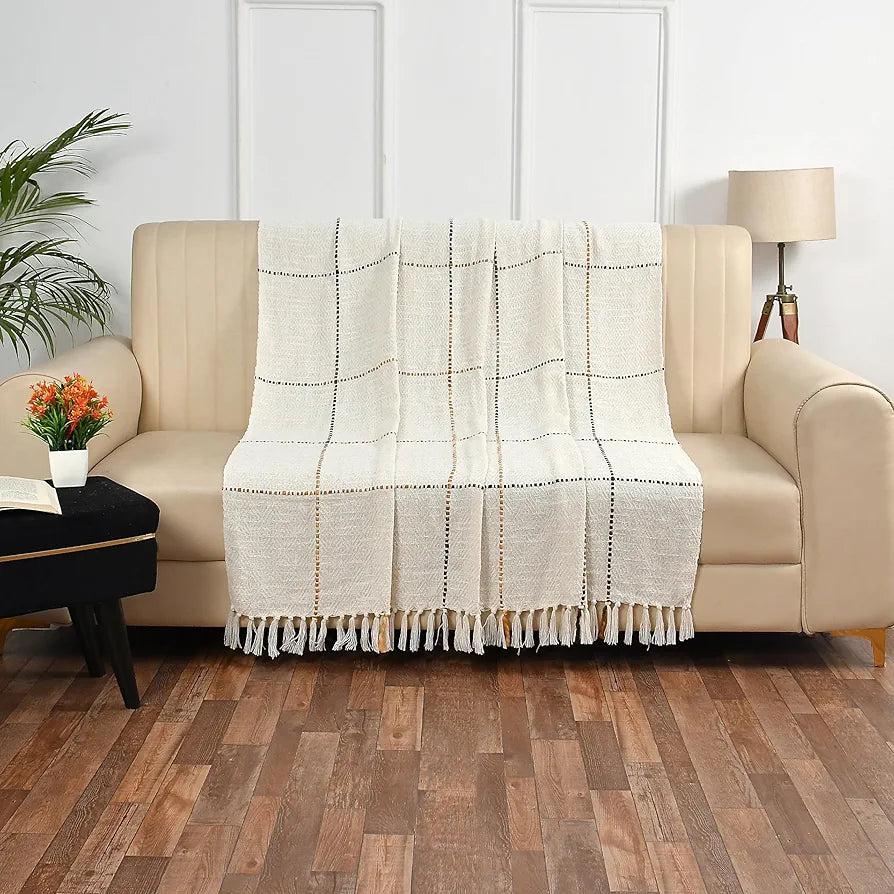 Sashaa World Natural Multi Grid Patterned Handwoven Cotton Throw Colour Natural/Multi