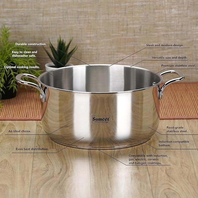 Sumeet Stainless Steel Induction Bottom Casserole 5 Liter 20 Cm Dia Silver 3200 ml