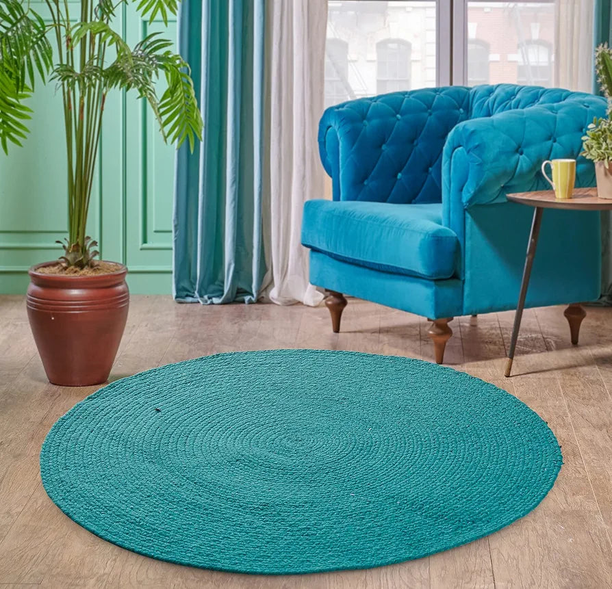 Sashaa World Round Hand Braided Cotton Reversible Rug Colour Blue