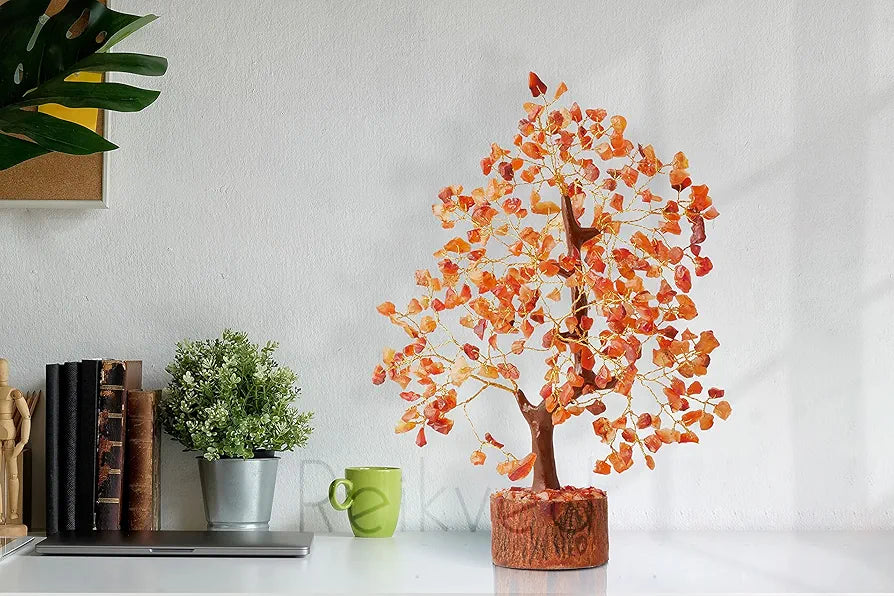 Reikved Carnelian Crystal Natural Gemstone Carnelian Gold Bonsai Money Tree with Chakra Bracelet