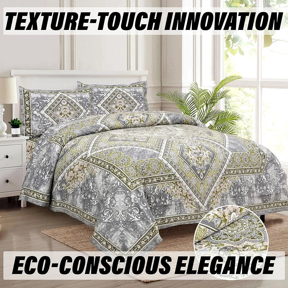 Kuber Industries Double Bedsheet with 2 Pillow Covers 186 TC Premium Cotton Arabic Beauty Flower Square Gray