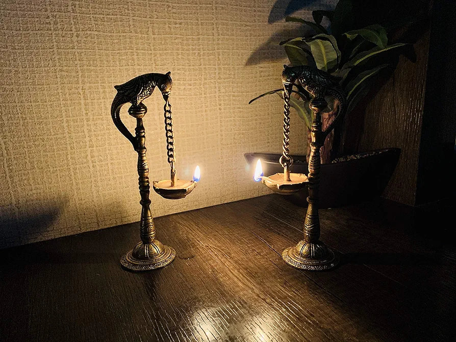 Two Moustaches Parrot Design 7.5 Inches Brass Hanging Diya Pair