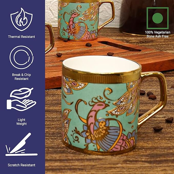 Femora Bone China Gloden Tea Cup | Wandering Peacock | 180 Ml
