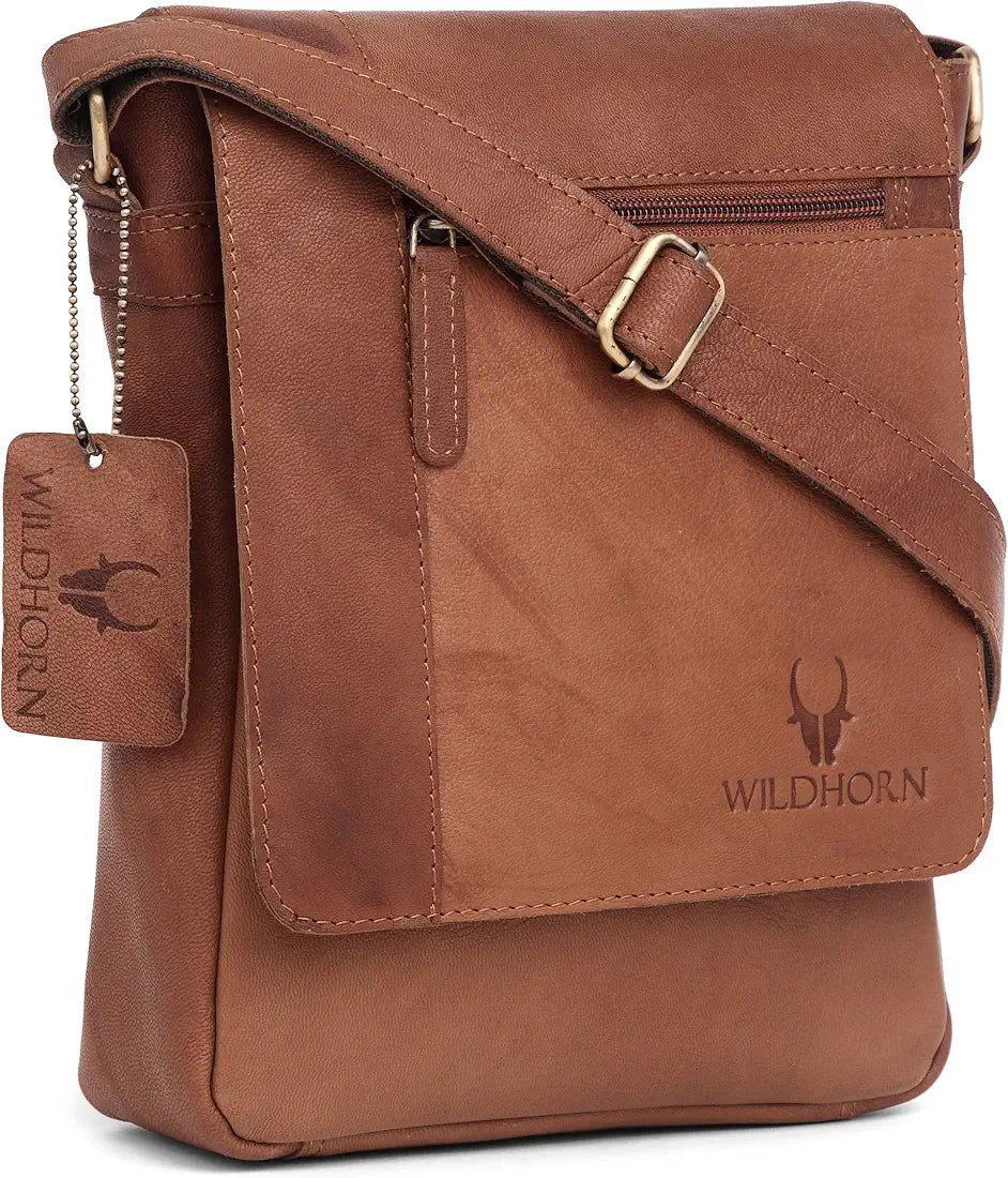 WildHorn� Leather 8.5 inch Sling Messenger Bag for Men I Multipurpose Crossbody Bag I Travel Bag with Adjustable Strap I IDIMENSION: L- 8.5inch H- 10.5inch W- 3inch