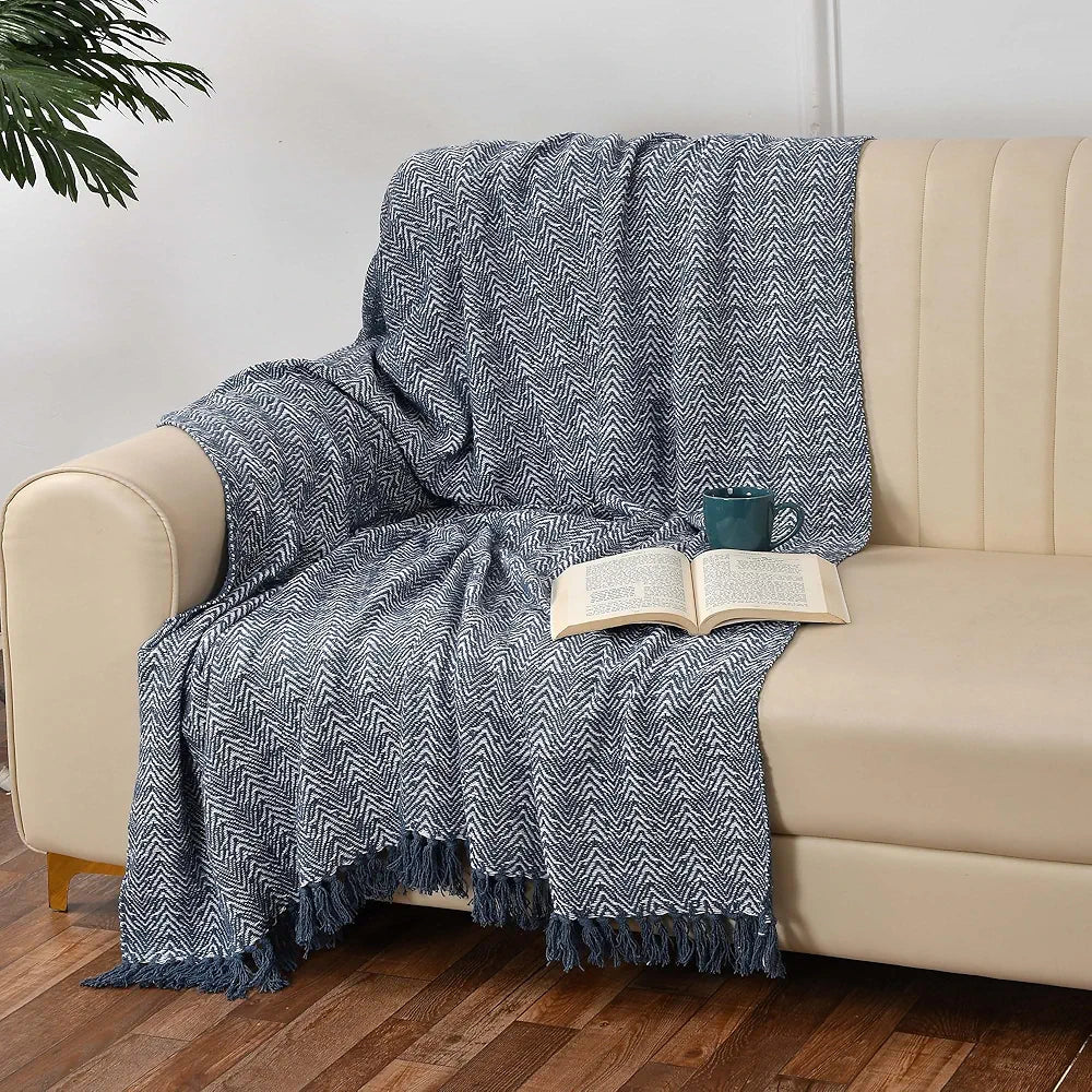 Sashaa World Soft Herringbone Throw Blanket Colour Navy