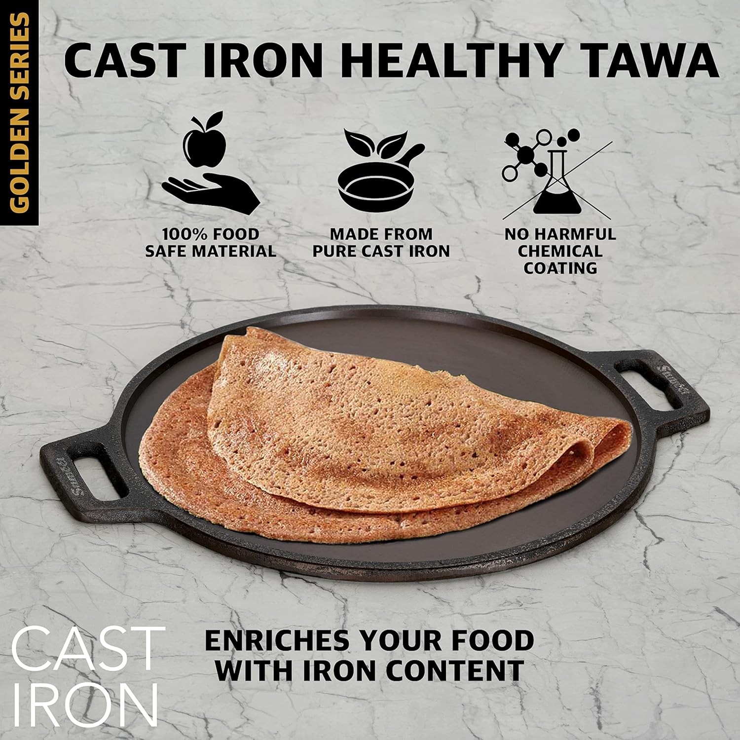 Sumeet Super Smooth Gold Series Pre Seasoned Cast Iron Flat Tawa for Dosa|30.5cm 2.3kg Gas