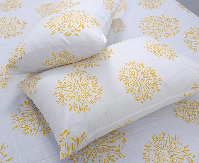 Huesland by Ahmedabad Cotton 144 TC Cotton Bedsheet for Double Bed King Size with 2 Pillow Covers | White (Yellow Print)