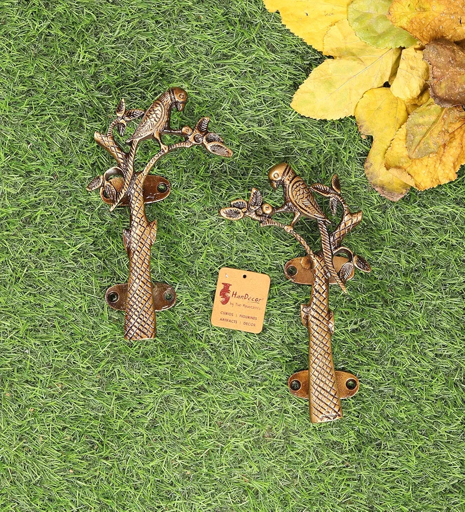 Two Moustaches Brass Parrot on Tree Design 8 Inches Brass Door Handle Pair