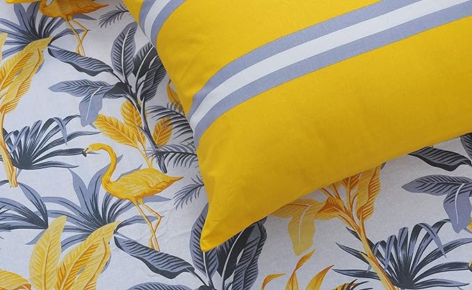 Huesland by Ahmedabad Cotton 144 TC Cotton Bedsheets for King Size Bed with 2 Pillow Covers | Flamingos & Stripes Yellow & Grey