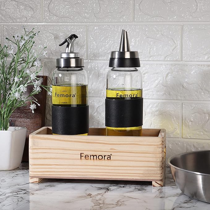 Femora Borosilicate Glass Oil Bottle | 500 Ml | 2 Pieces | In One Wooden Tray for Kitchen