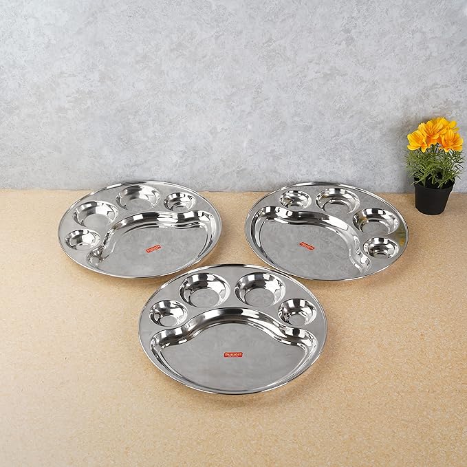 Sumeet Stainless Steel Round 5 in 1 Compartment Lunch Big Plates Set of 3Pcs 34cm Silver